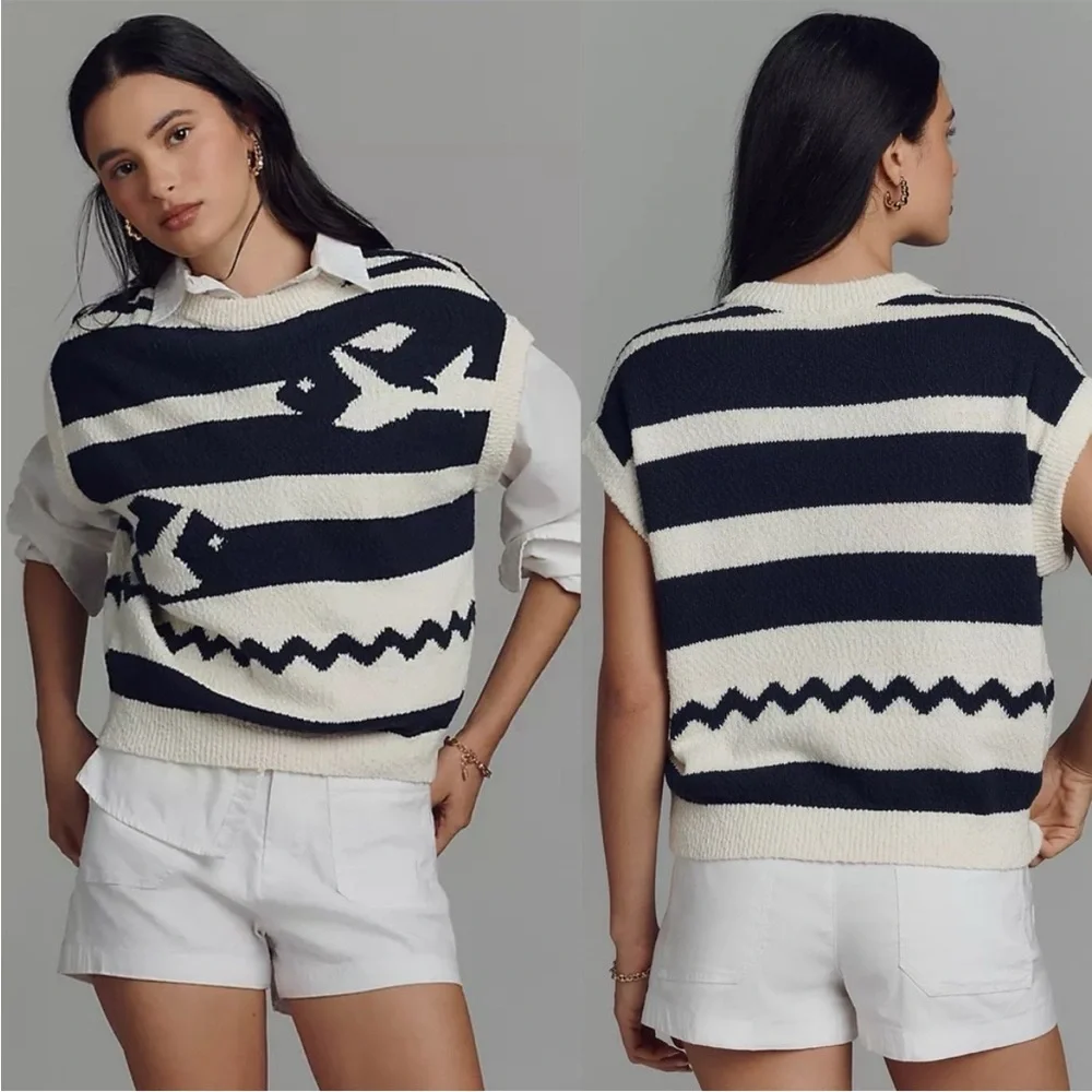 Anthropologie Maeve Crewneck Fish Motif Sweater Vest Cream Blue Large Sardine - Picture 1 of 13